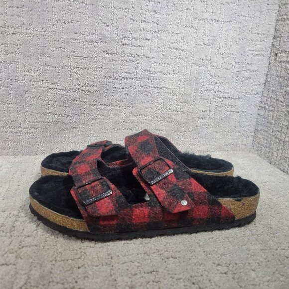 Birkenstock Arizona Shearling Mens Size EU 43 US 10 Rivet Plaid Red Slide Sandal - Picture 2 of 12